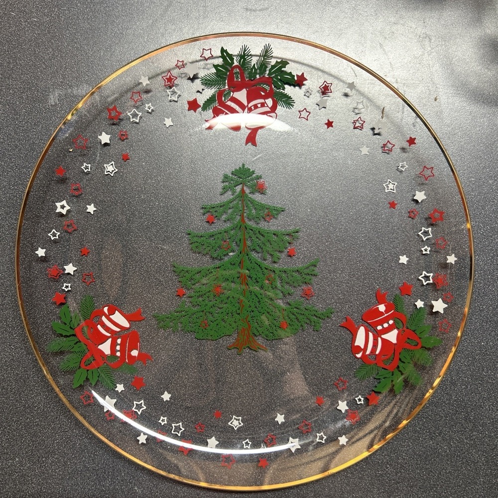 Vtg German Crystal Clear Round 12" Glass Platter Christmas Tree Reverse Painted